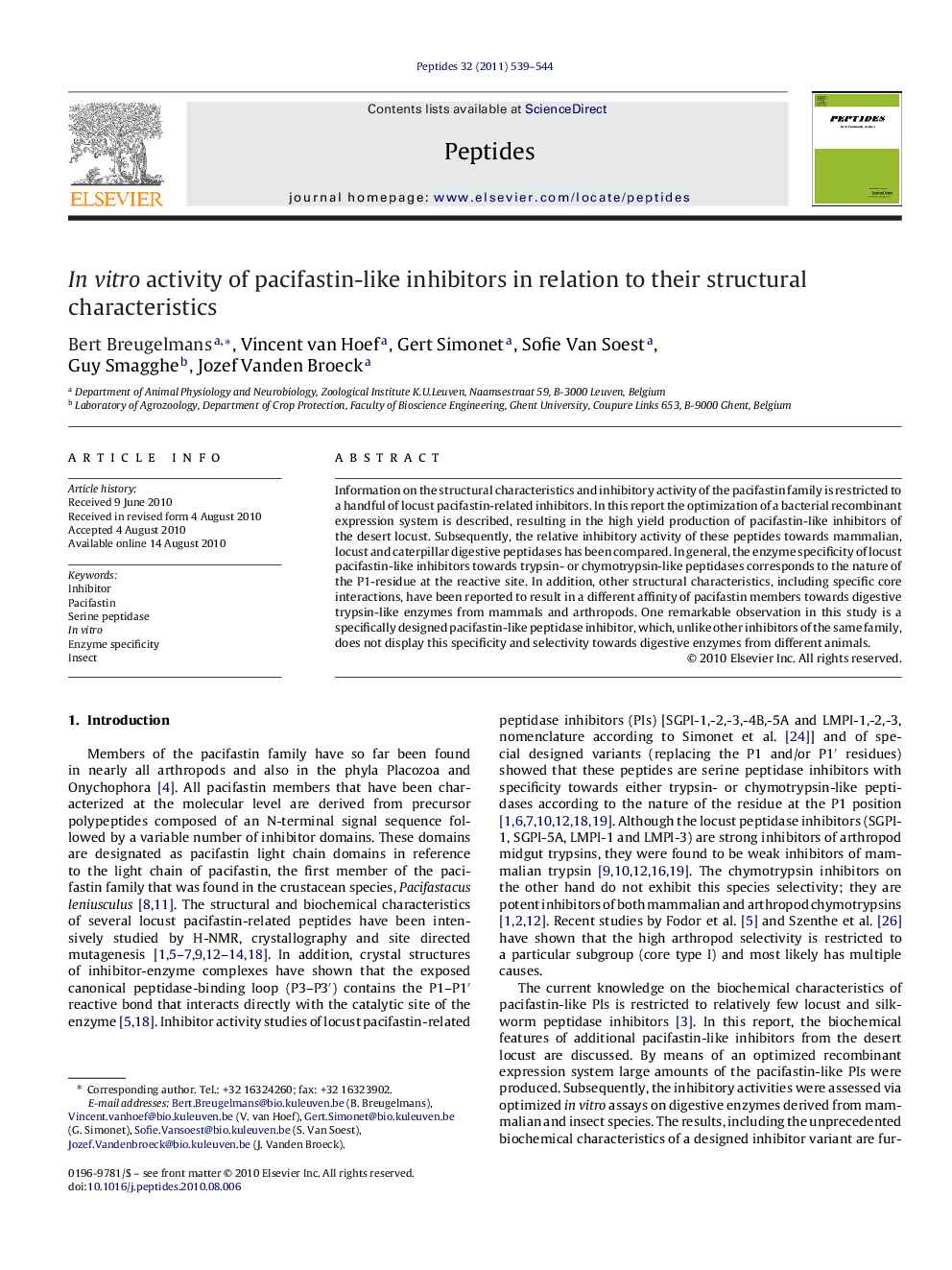 In vitro activity of pacifastin-like inhibitors in relation to their structural characteristics