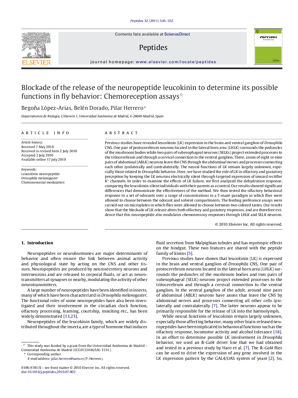 Blockade of the release of the neuropeptide leucokinin to determine its possible functions in fly behavior: Chemoreception assays 