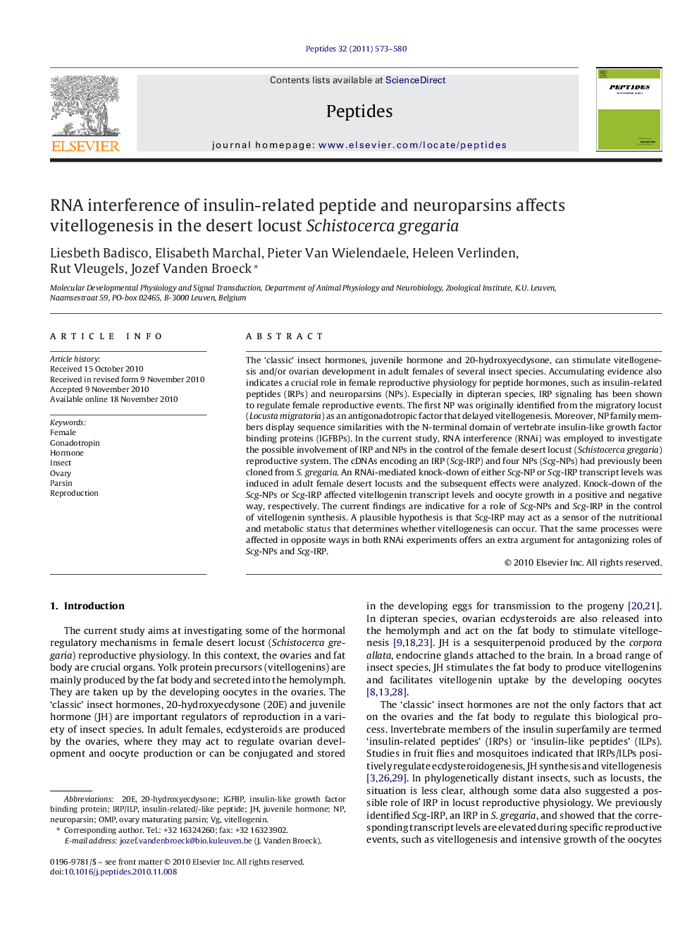 RNA interference of insulin-related peptide and neuroparsins affects vitellogenesis in the desert locust Schistocerca gregaria