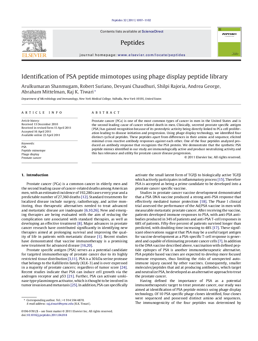 Identification of PSA peptide mimotopes using phage display peptide library