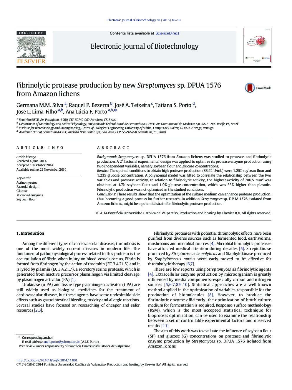 Fibrinolytic protease production by new Streptomyces sp. DPUA 1576 from Amazon lichens 