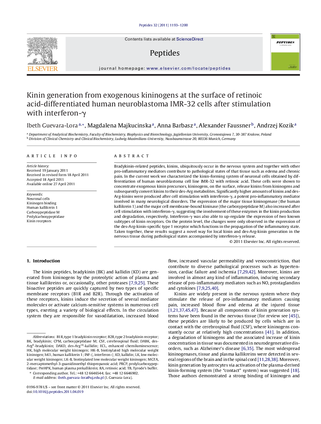 Kinin generation from exogenous kininogens at the surface of retinoic acid-differentiated human neuroblastoma IMR-32 cells after stimulation with interferon-Î³