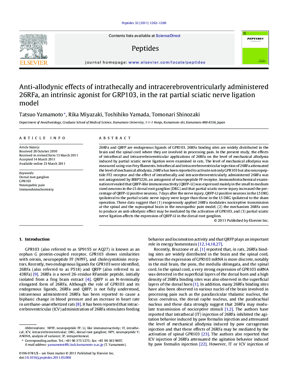 Anti-allodynic effects of intrathecally and intracerebroventricularly administered 26RFa, an intrinsic agonist for GRP103, in the rat partial sciatic nerve ligation model