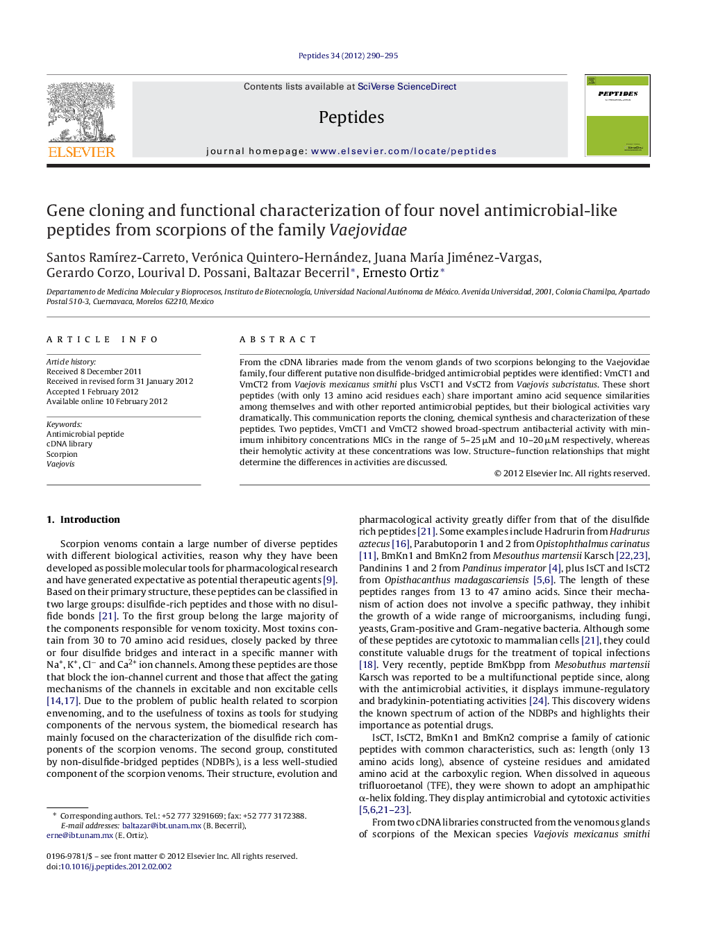 Gene cloning and functional characterization of four novel antimicrobial-like peptides from scorpions of the family Vaejovidae