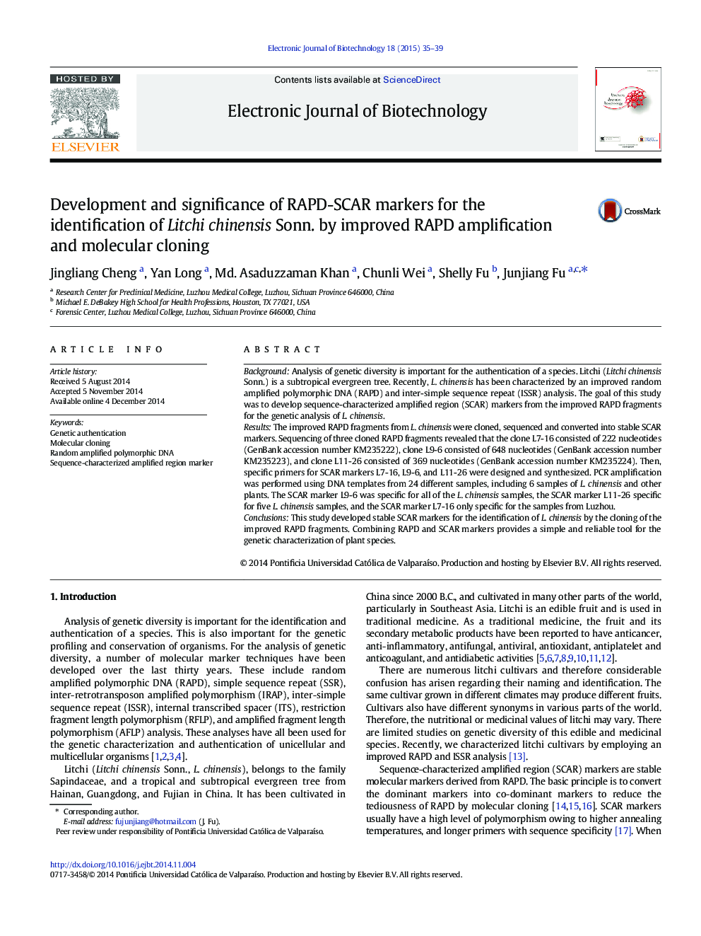 عکس صفحه اول مقاله: Development and significance of RAPD-SCAR markers for the identification of Litchi chinensis Sonn. by improved RAPD amplification and molecular cloning Development and significance of RAPD-SCAR markers for the identification of Litchi chinensis Sonn. by improved RAPD amplification and molecular cloning