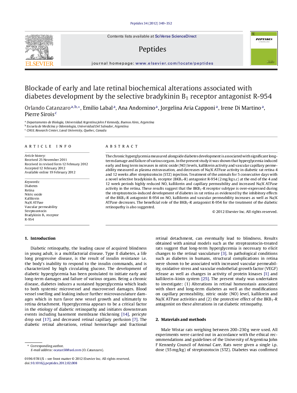 Blockade of early and late retinal biochemical alterations associated with diabetes development by the selective bradykinin B1 receptor antagonist R-954