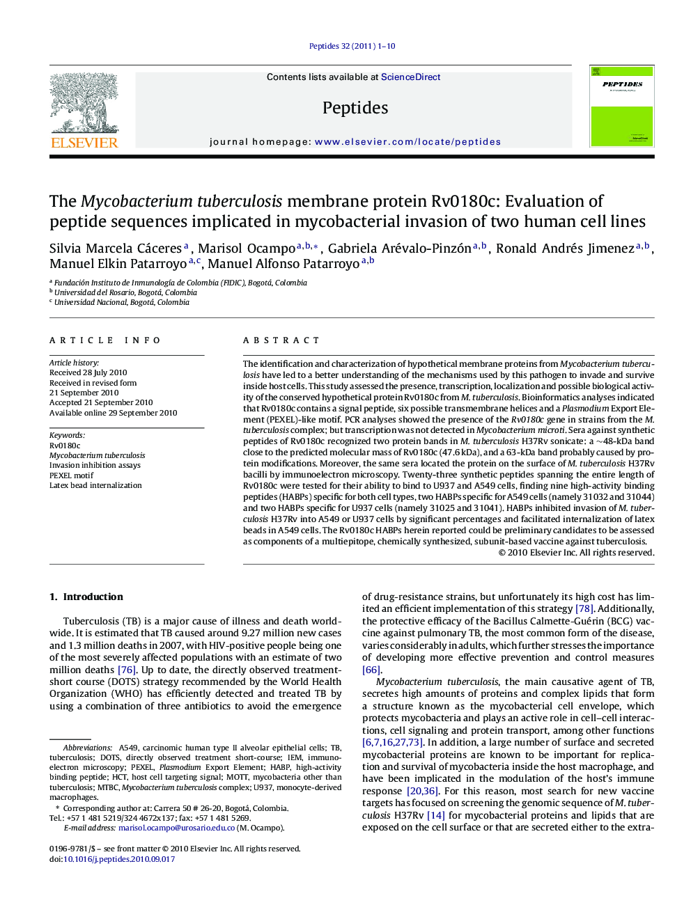 The Mycobacterium tuberculosis membrane protein Rv0180c: Evaluation of peptide sequences implicated in mycobacterial invasion of two human cell lines