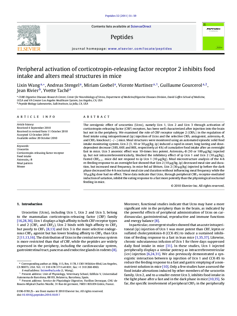 Peripheral activation of corticotropin-releasing factor receptor 2 inhibits food intake and alters meal structures in mice