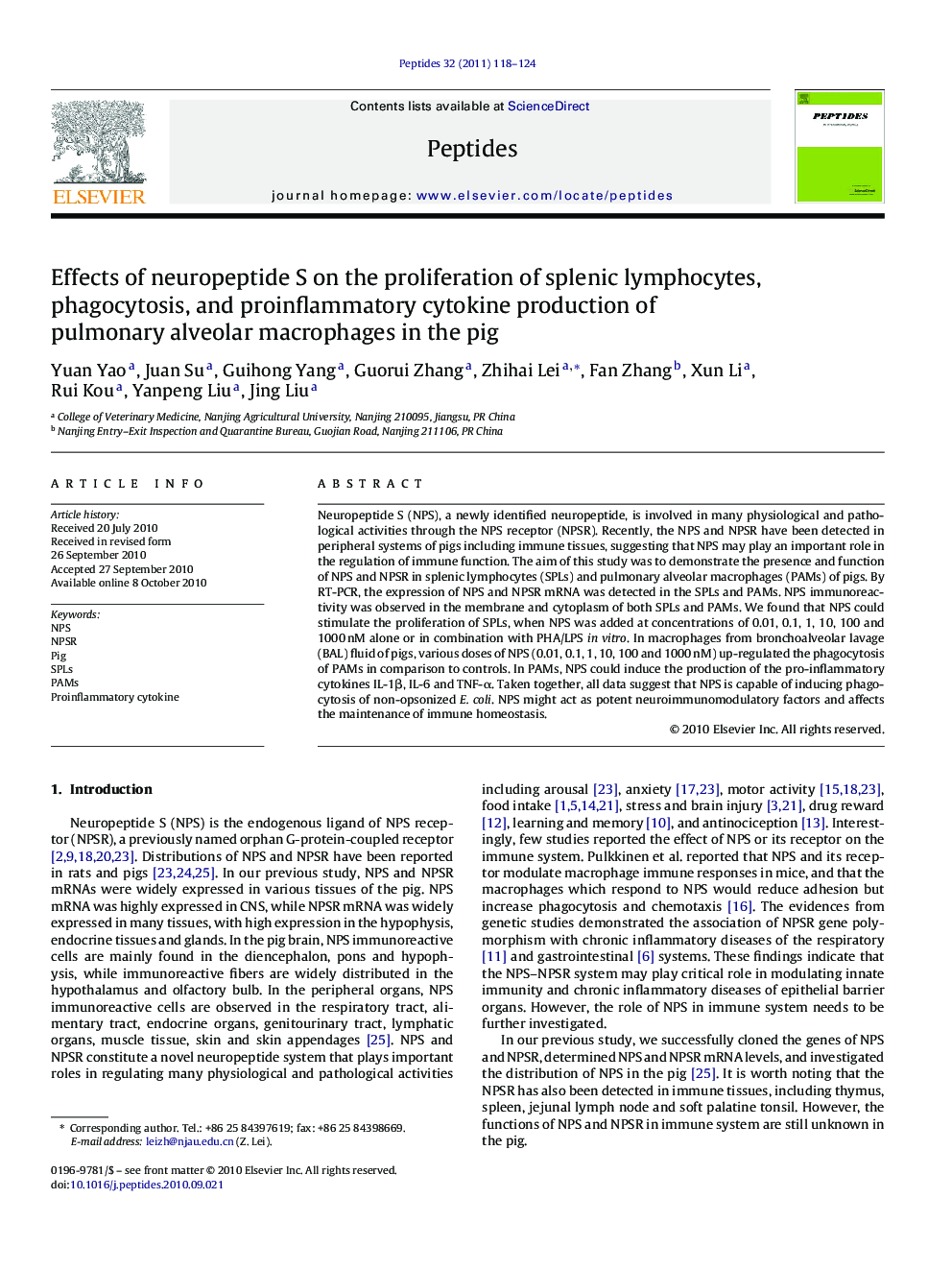 Effects of neuropeptide S on the proliferation of splenic lymphocytes, phagocytosis, and proinflammatory cytokine production of pulmonary alveolar macrophages in the pig