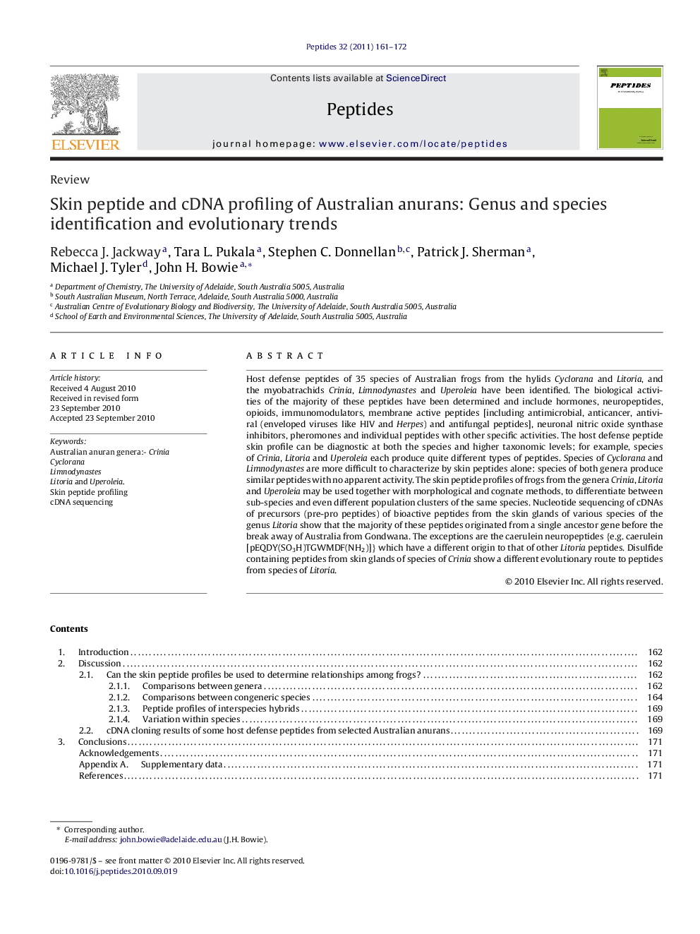 Skin peptide and cDNA profiling of Australian anurans: Genus and species identification and evolutionary trends