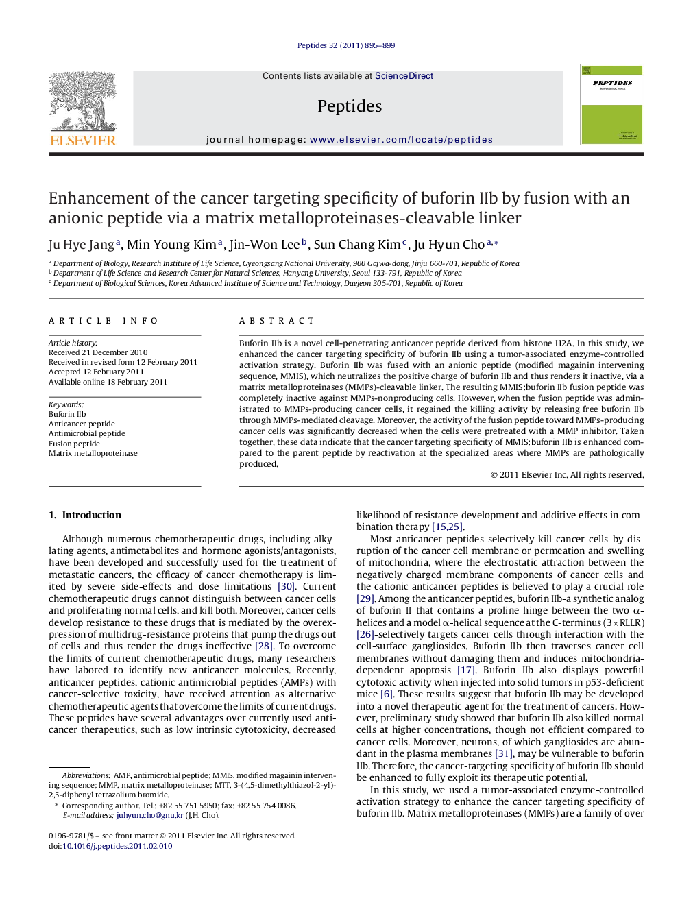 Enhancement of the cancer targeting specificity of buforin IIb by fusion with an anionic peptide via a matrix metalloproteinases-cleavable linker