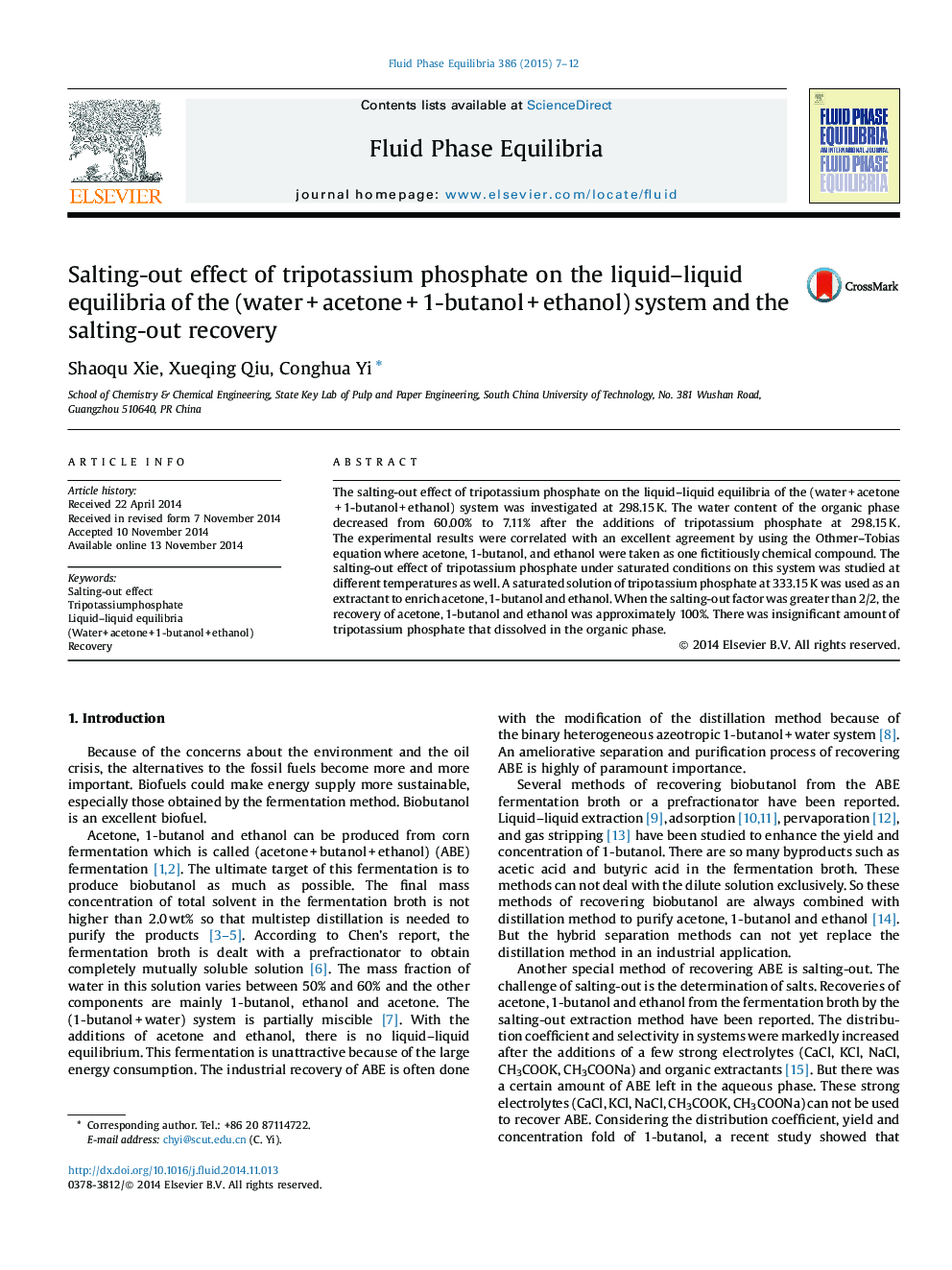 Salting-out effect of tripotassium phosphate on the liquid–liquid equilibria of the (water + acetone + 1-butanol + ethanol) system and the salting-out recovery