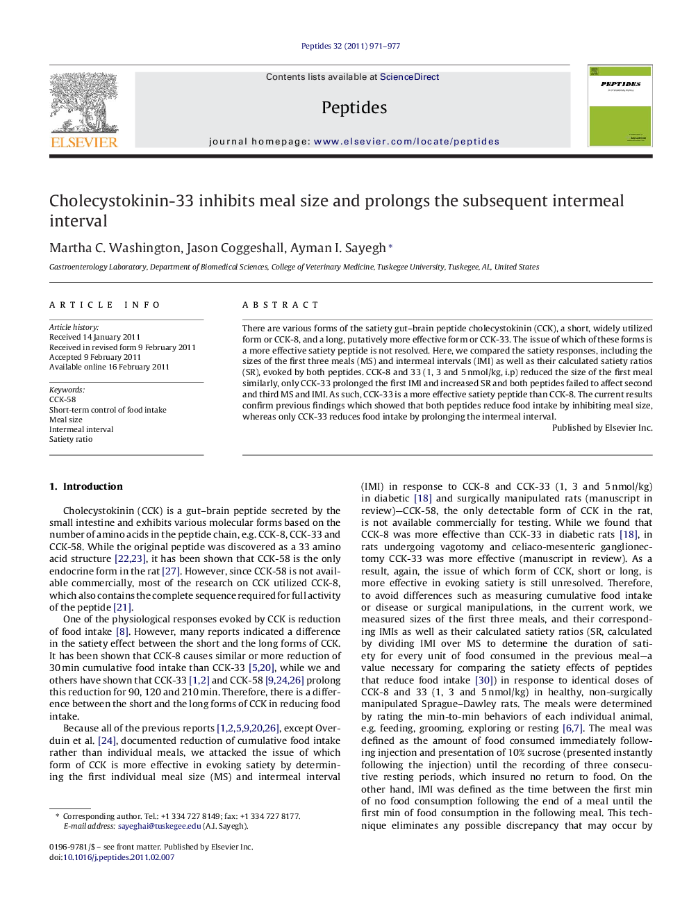 Cholecystokinin-33 inhibits meal size and prolongs the subsequent intermeal interval