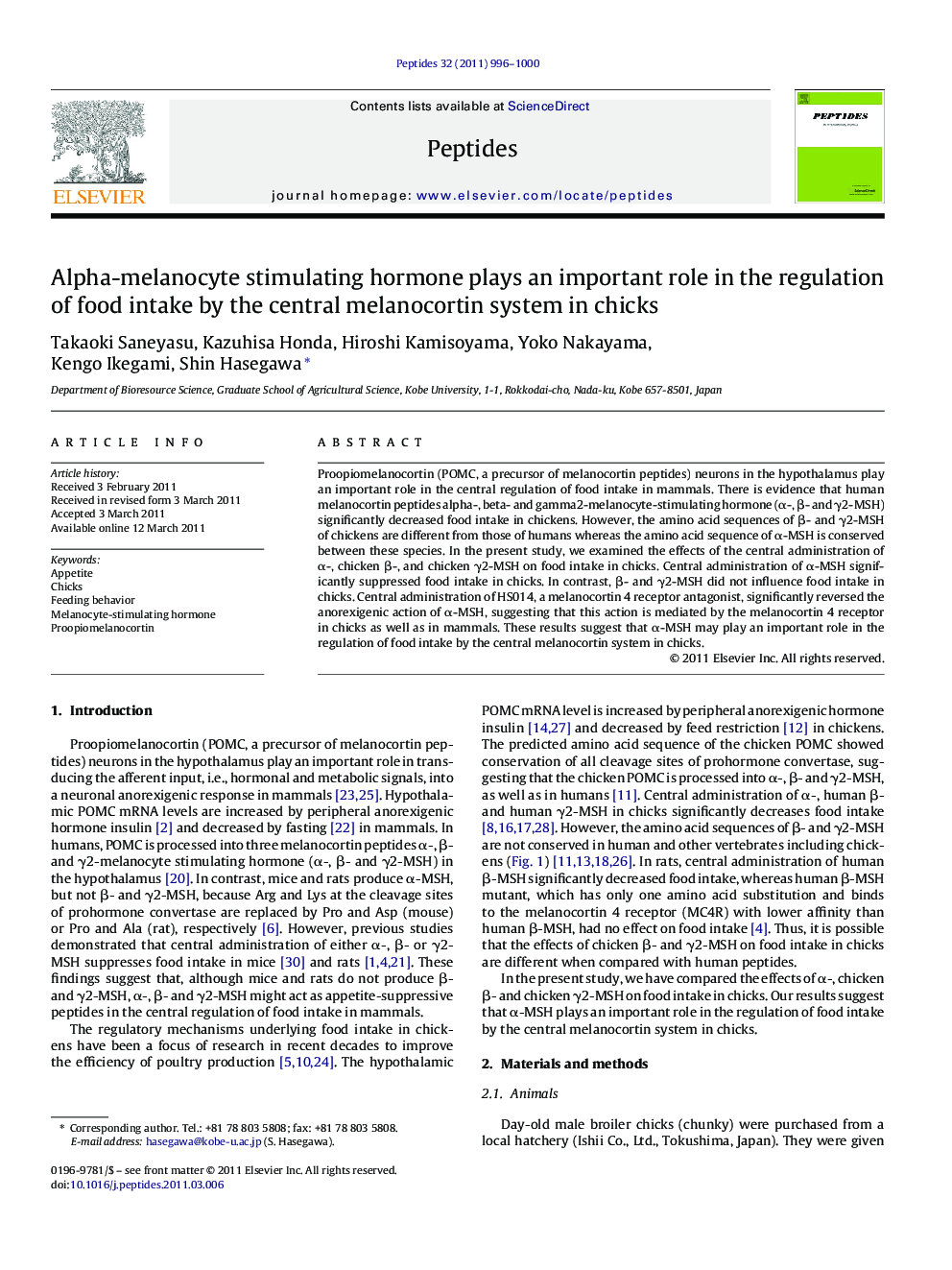 Alpha-melanocyte stimulating hormone plays an important role in the regulation of food intake by the central melanocortin system in chicks