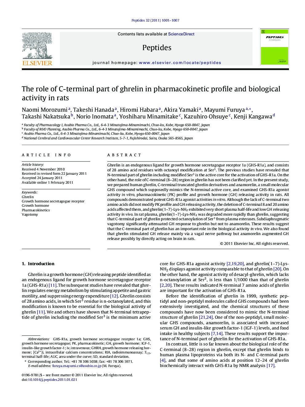 The role of C-terminal part of ghrelin in pharmacokinetic profile and biological activity in rats