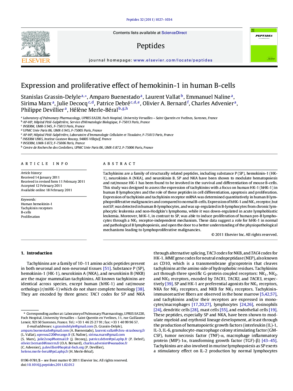 Expression and proliferative effect of hemokinin-1 in human B-cells