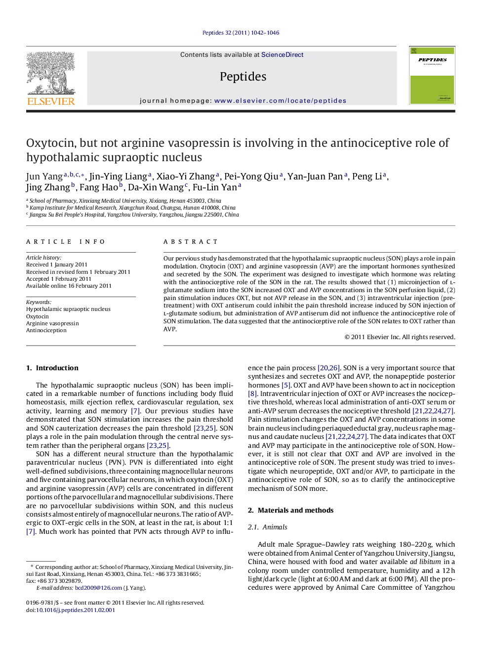 Oxytocin, but not arginine vasopressin is involving in the antinociceptive role of hypothalamic supraoptic nucleus