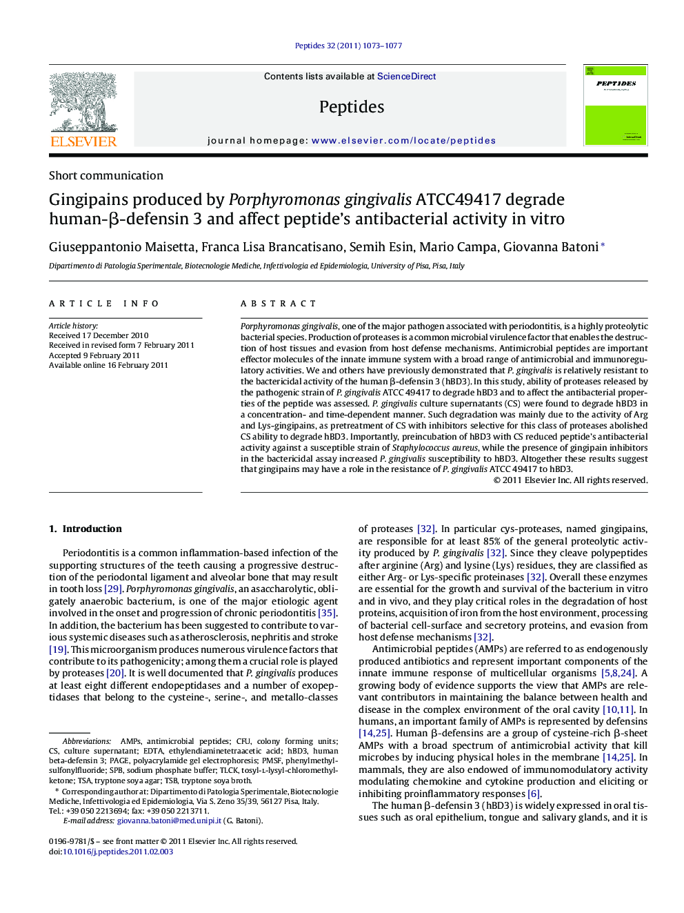 Gingipains produced by Porphyromonas gingivalis ATCC49417 degrade human-β-defensin 3 and affect peptide's antibacterial activity in vitro