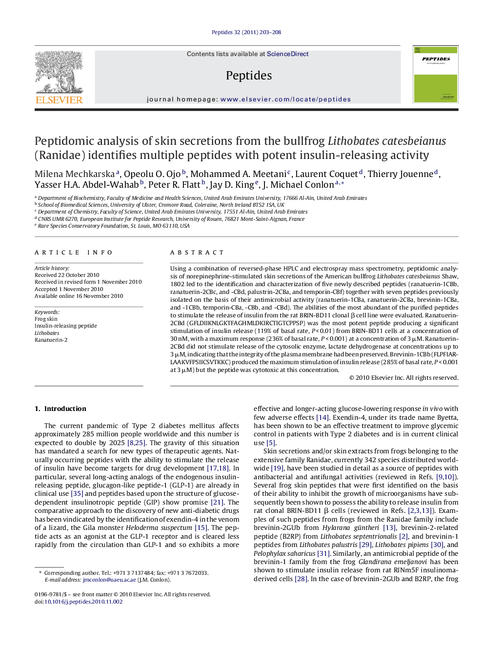 Peptidomic analysis of skin secretions from the bullfrog Lithobates catesbeianus (Ranidae) identifies multiple peptides with potent insulin-releasing activity