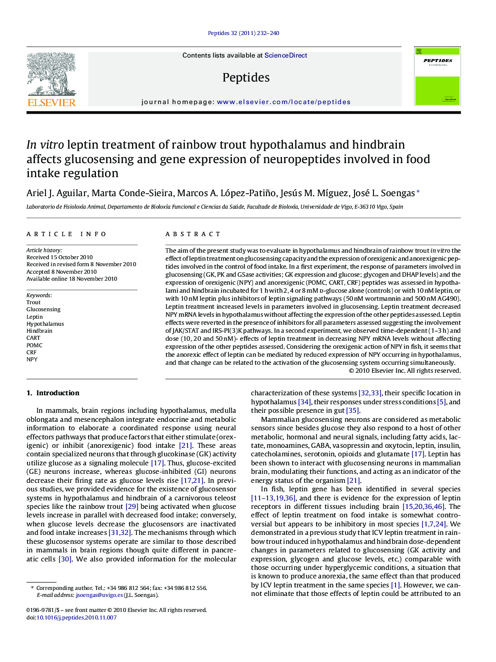 In vitro leptin treatment of rainbow trout hypothalamus and hindbrain affects glucosensing and gene expression of neuropeptides involved in food intake regulation