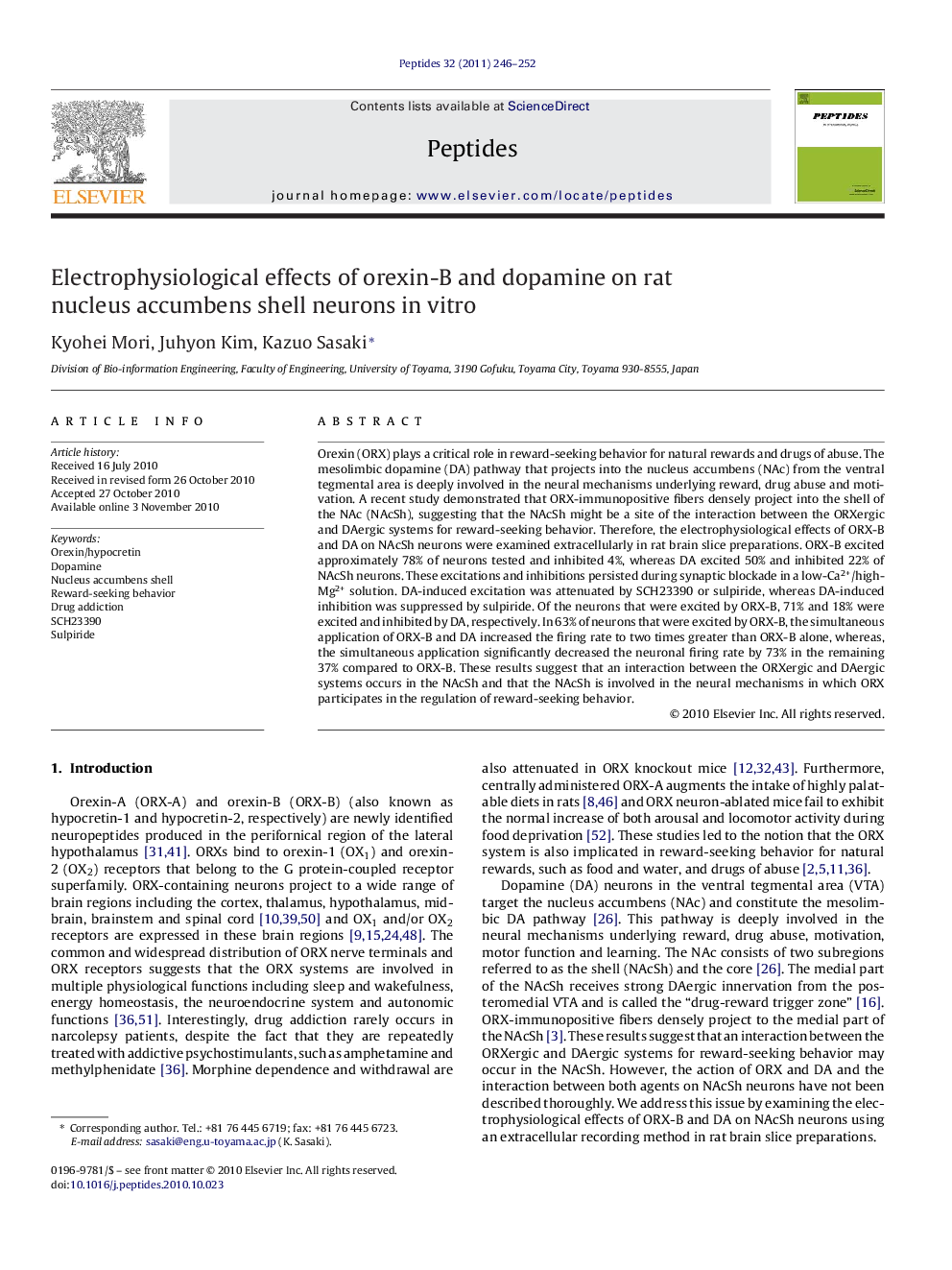 Electrophysiological effects of orexin-B and dopamine on rat nucleus accumbens shell neurons in vitro