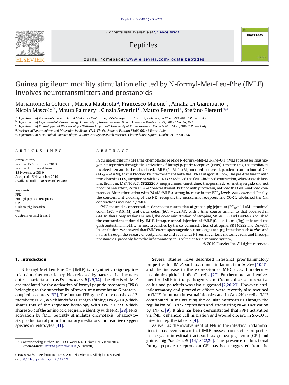 Guinea pig ileum motility stimulation elicited by N-formyl-Met-Leu-Phe (fMLF) involves neurotransmitters and prostanoids