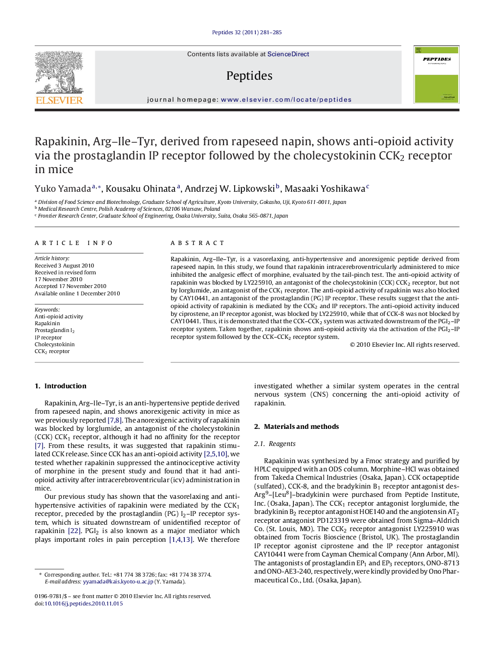 Rapakinin, Arg–Ile–Tyr, derived from rapeseed napin, shows anti-opioid activity via the prostaglandin IP receptor followed by the cholecystokinin CCK2 receptor in mice