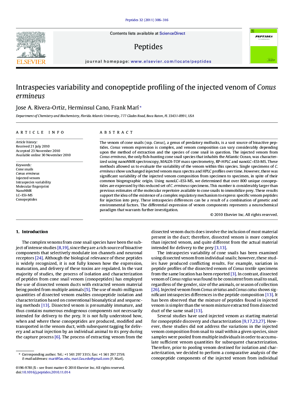 Intraspecies variability and conopeptide profiling of the injected venom of Conus ermineus