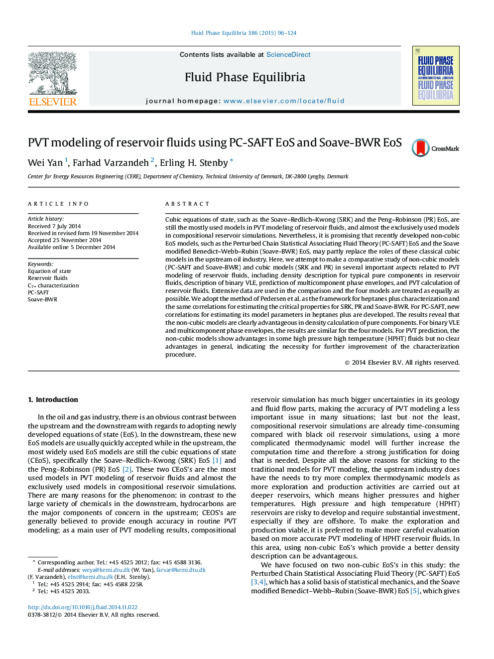 PVT modeling of reservoir fluids using PC-SAFT EoS and Soave-BWR EoS