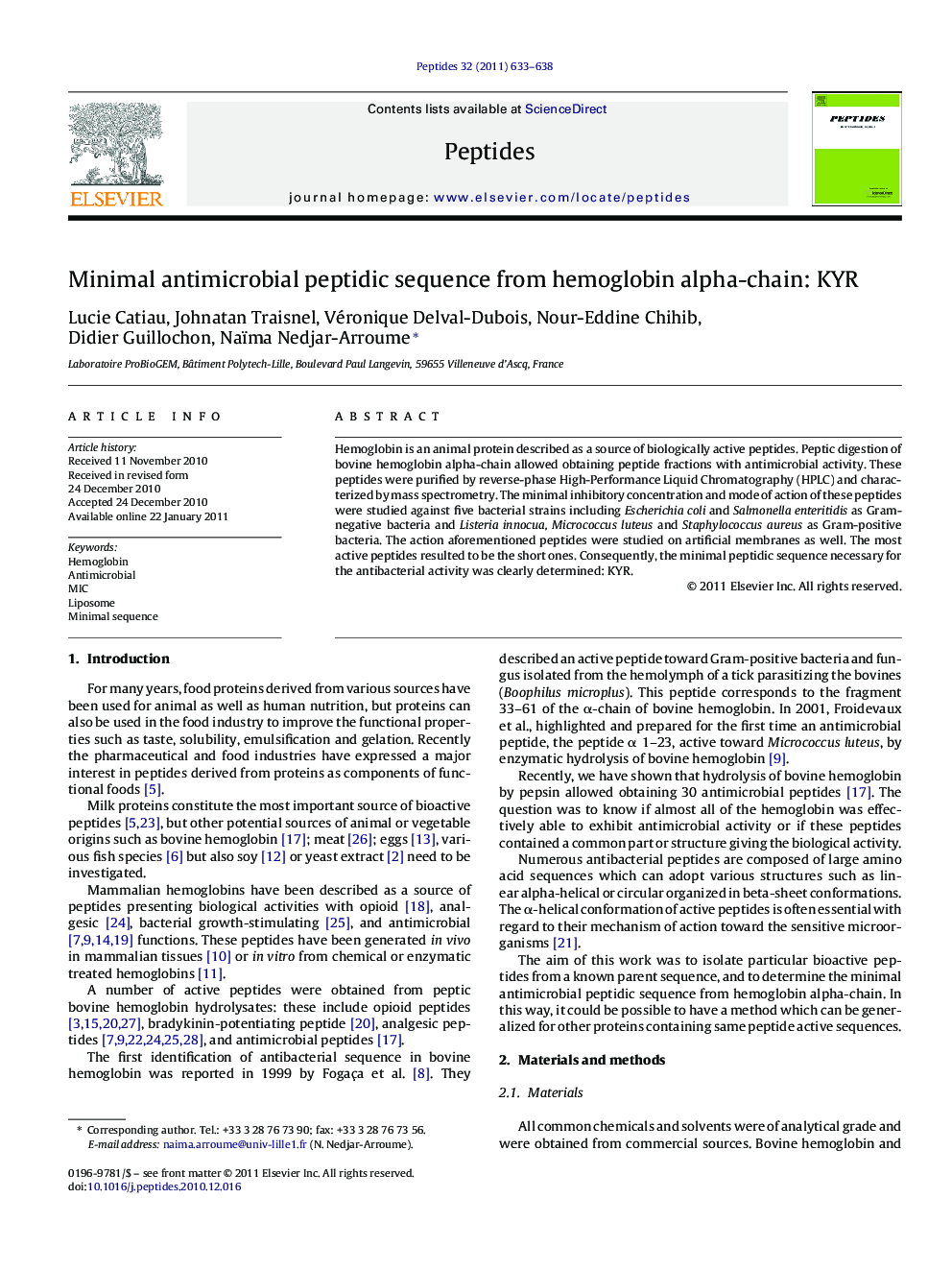 Minimal antimicrobial peptidic sequence from hemoglobin alpha-chain: KYR