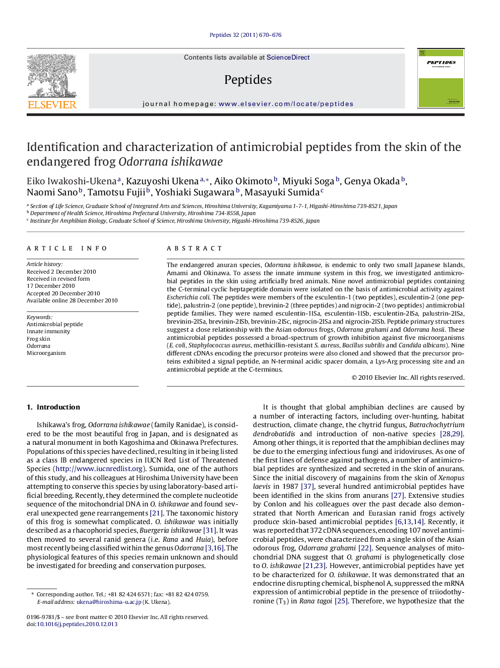 Identification and characterization of antimicrobial peptides from the skin of the endangered frog Odorrana ishikawae