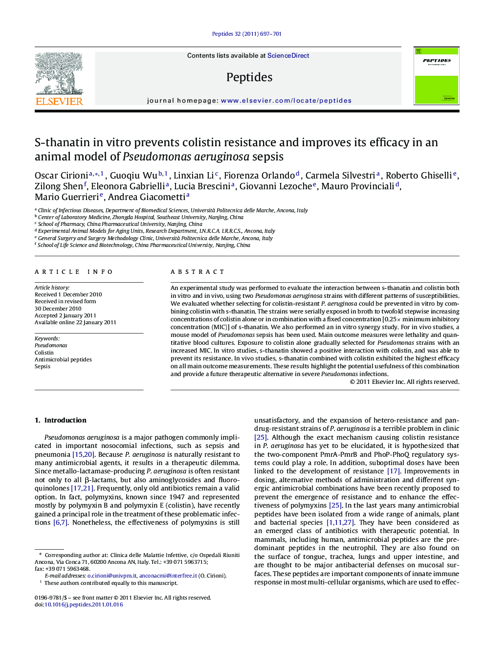 S-thanatin in vitro prevents colistin resistance and improves its efficacy in an animal model of Pseudomonas aeruginosa sepsis