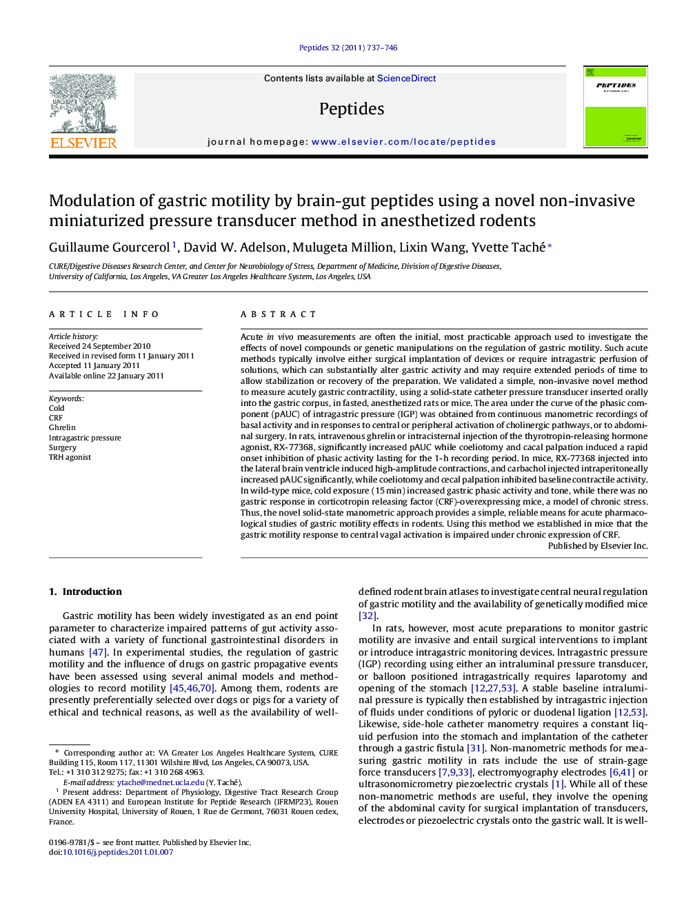 Modulation of gastric motility by brain-gut peptides using a novel non-invasive miniaturized pressure transducer method in anesthetized rodents