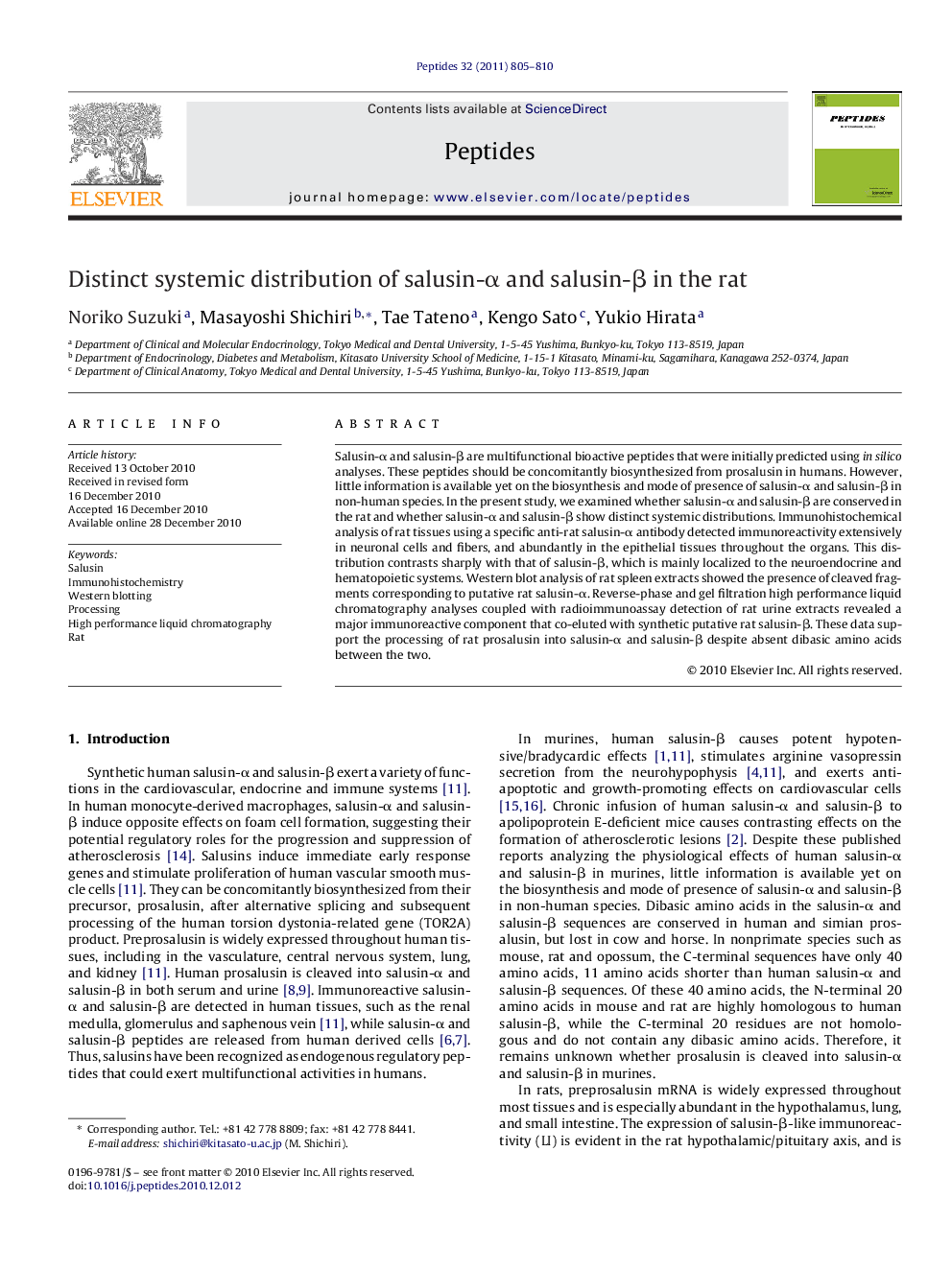 Distinct systemic distribution of salusin-α and salusin-β in the rat