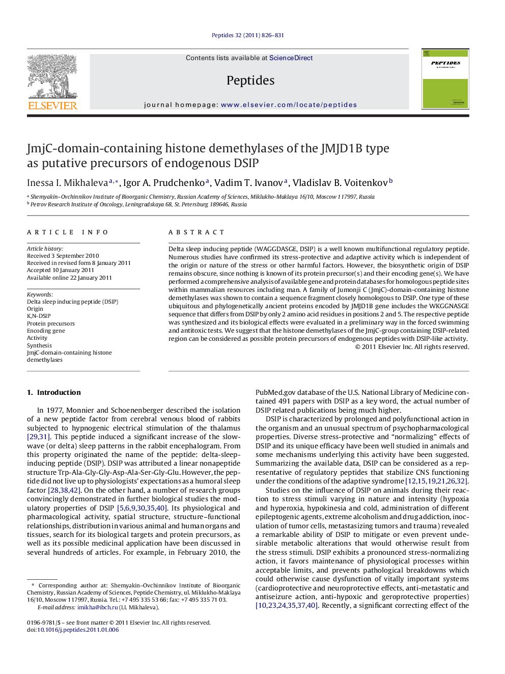 JmjC-domain-containing histone demethylases of the JMJD1B type as putative precursors of endogenous DSIP