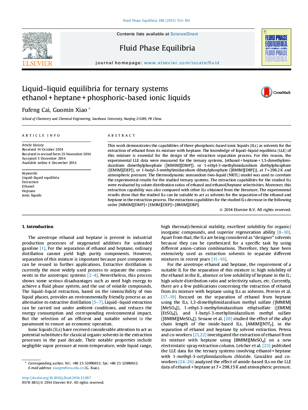 Liquid–liquid equilibria for ternary systems ethanol + heptane + phosphoric-based ionic liquids