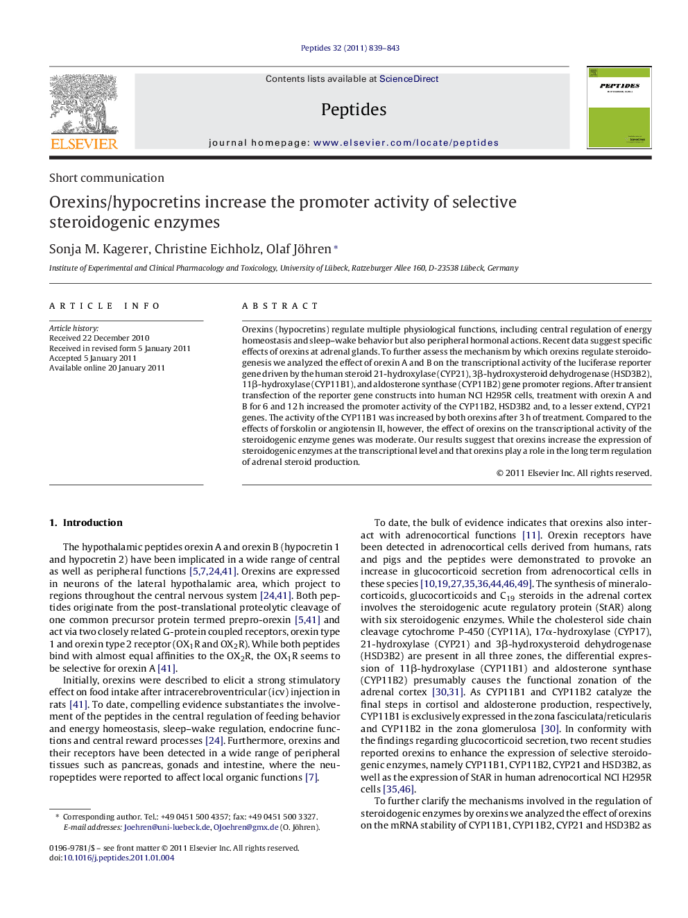 عکس صفحه اول مقاله: Orexins/hypocretins increase the promoter activity of selective steroidogenic enzymes Orexins/hypocretins increase the promoter activity of selective steroidogenic enzymes