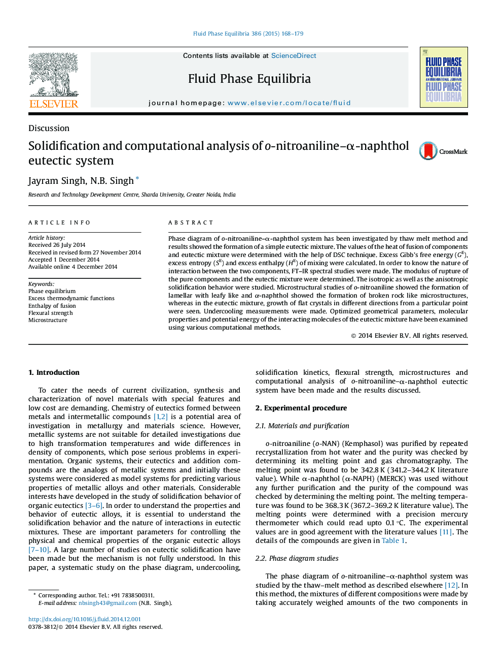 Solidification and computational analysis of o-nitroaniline–α-naphthol eutectic system