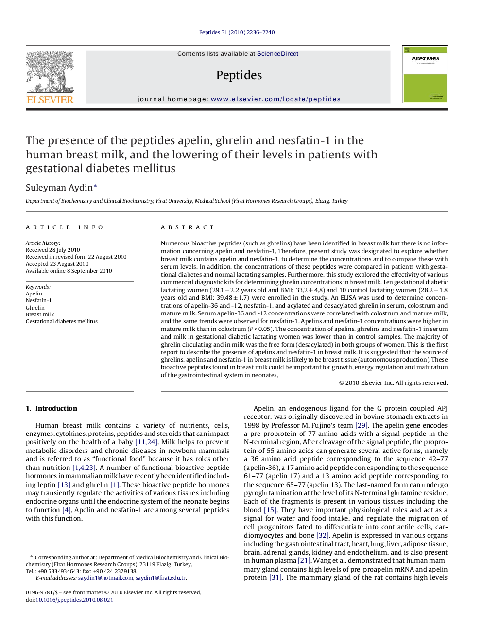 The presence of the peptides apelin, ghrelin and nesfatin-1 in the human breast milk, and the lowering of their levels in patients with gestational diabetes mellitus