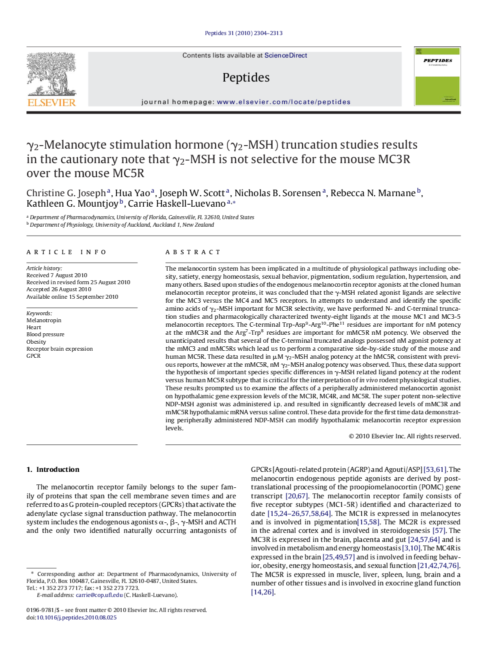 γ2-Melanocyte stimulation hormone (γ2-MSH) truncation studies results in the cautionary note that γ2-MSH is not selective for the mouse MC3R over the mouse MC5R