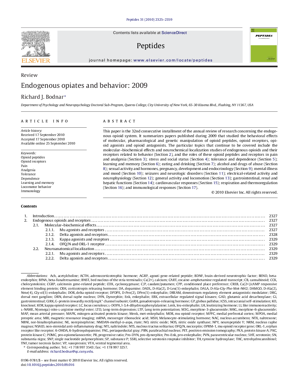 Endogenous opiates and behavior: 2009