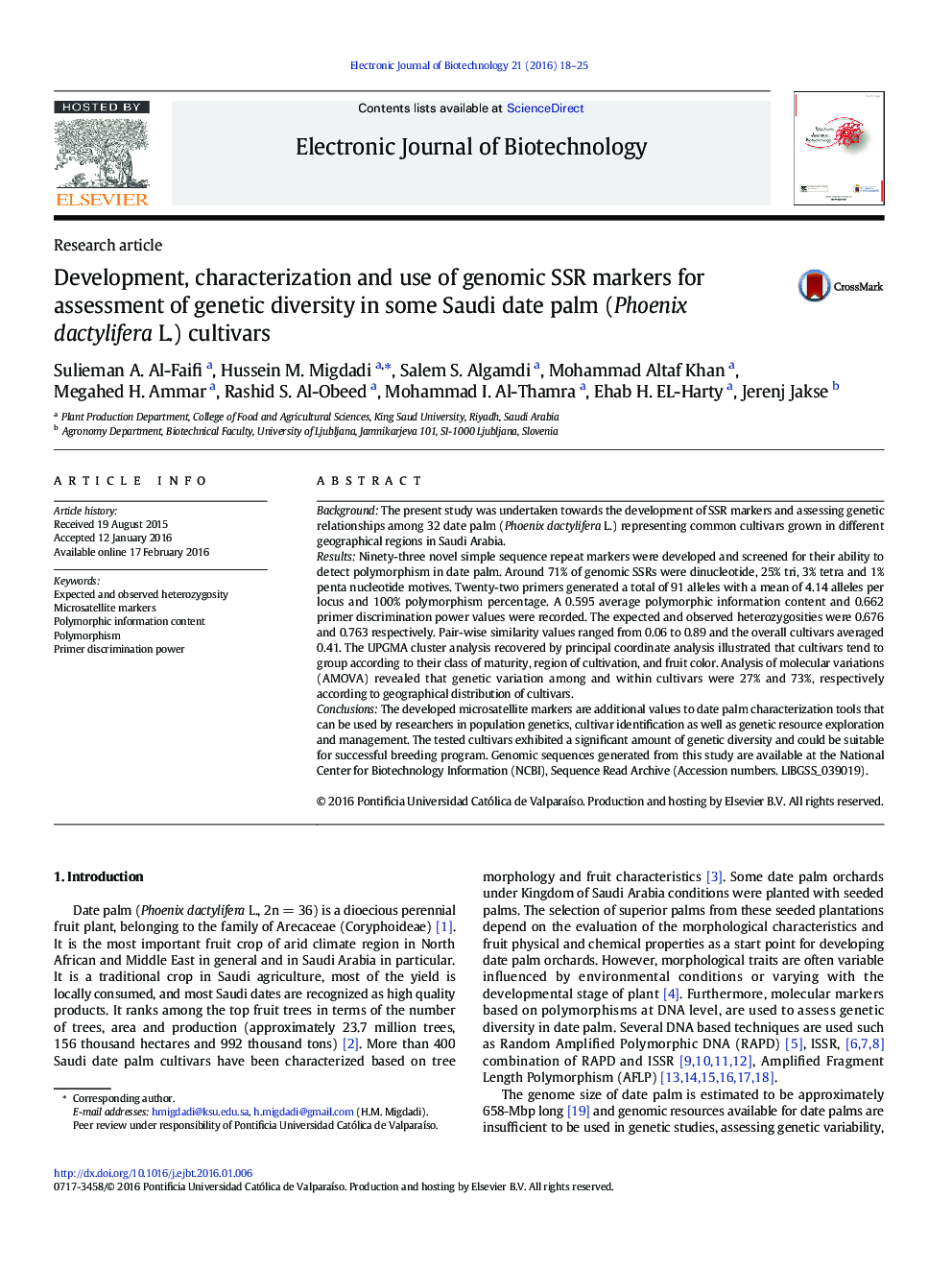 Development, characterization and use of genomic SSR markers for assessment of genetic diversity in some Saudi date palm (Phoenix dactylifera L.) cultivars 