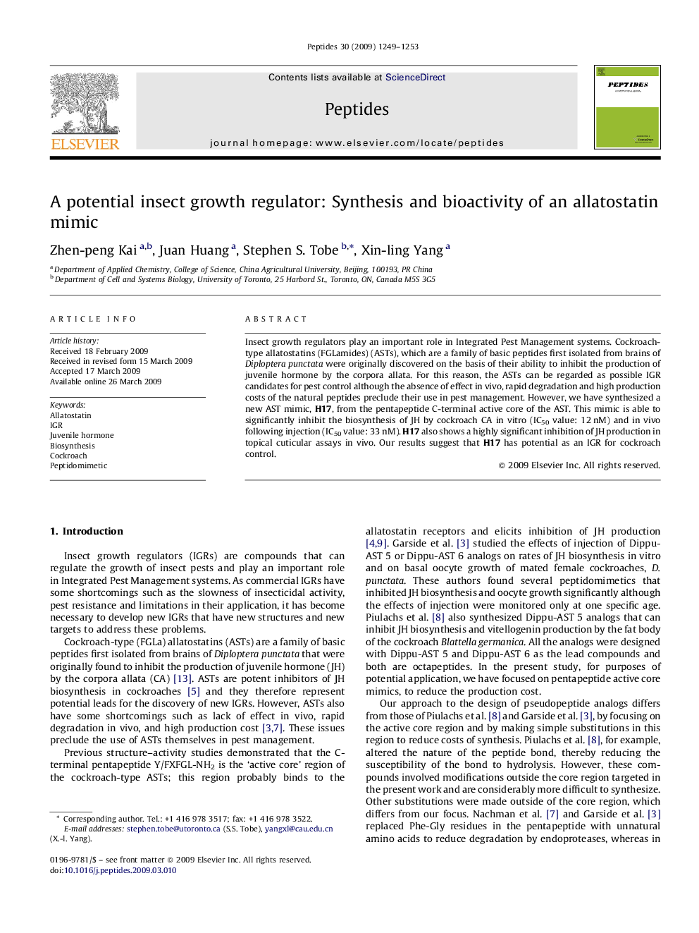 A potential insect growth regulator: Synthesis and bioactivity of an allatostatin mimic