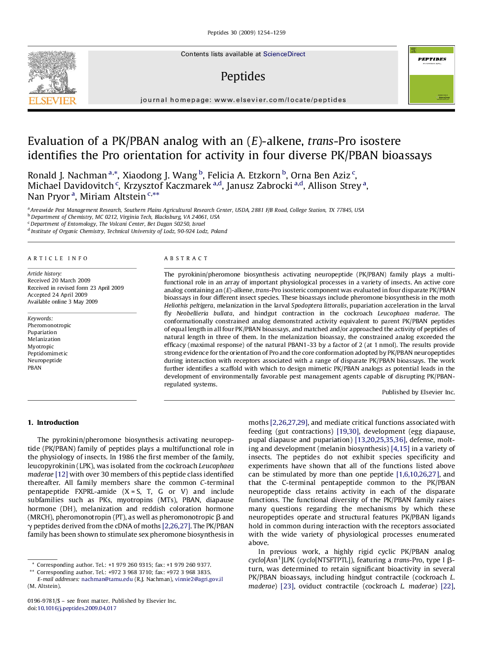 Evaluation of a PK/PBAN analog with an (E)-alkene, trans-Pro isostere identifies the Pro orientation for activity in four diverse PK/PBAN bioassays