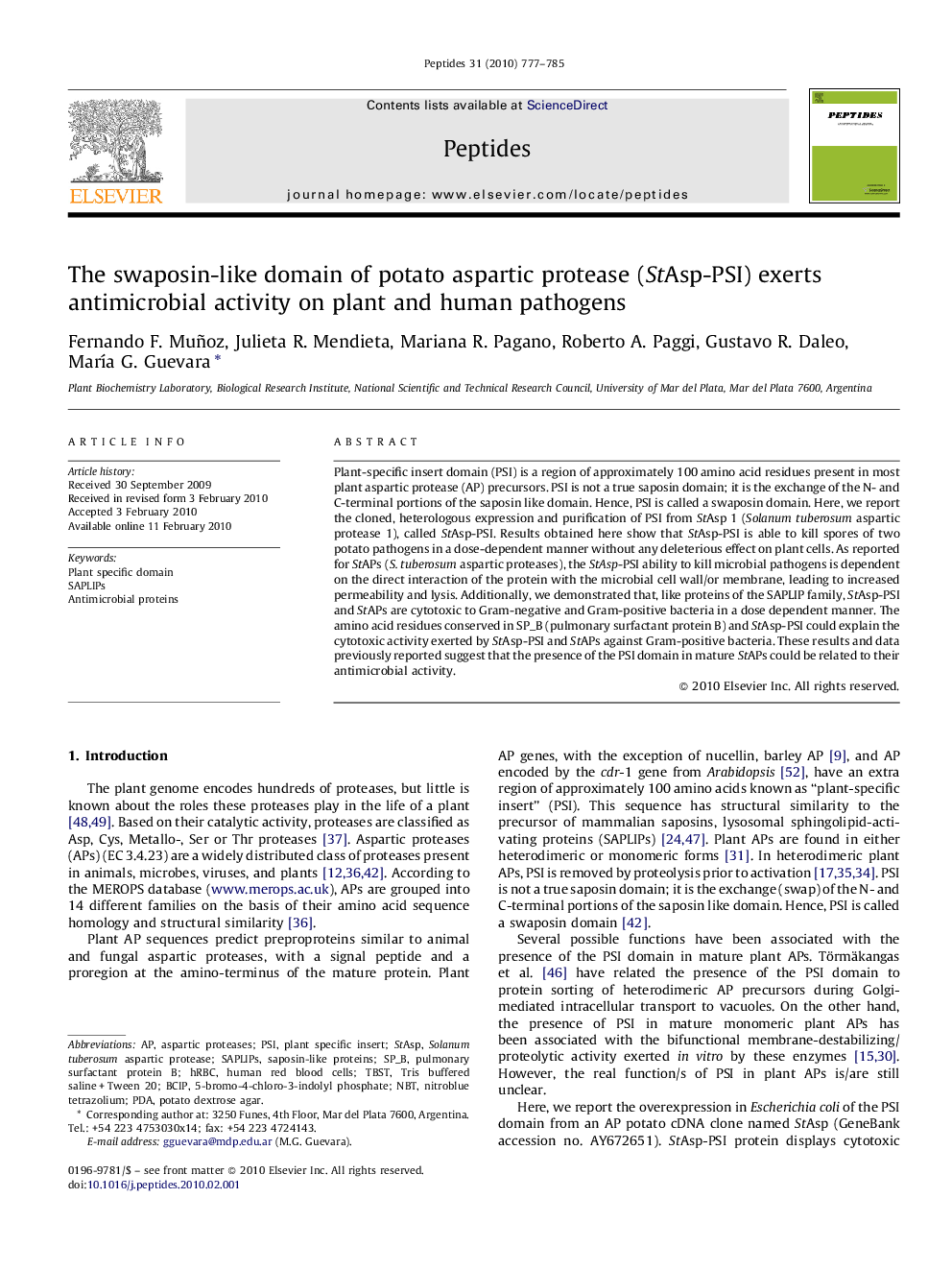 The swaposin-like domain of potato aspartic protease (StAsp-PSI) exerts antimicrobial activity on plant and human pathogens