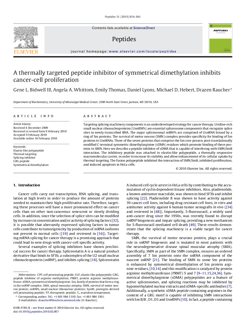 A thermally targeted peptide inhibitor of symmetrical dimethylation inhibits cancer-cell proliferation