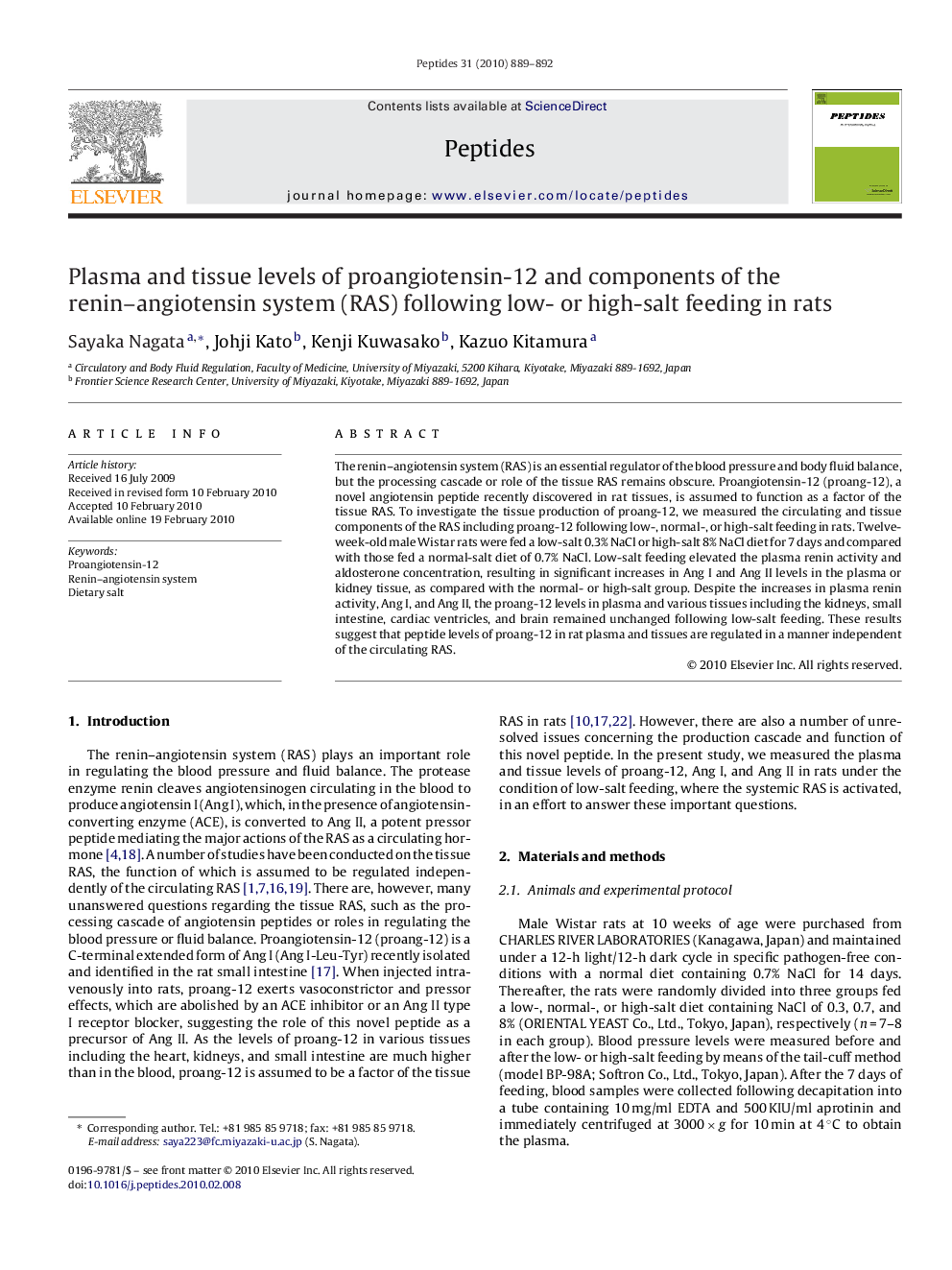 Plasma and tissue levels of proangiotensin-12 and components of the renin–angiotensin system (RAS) following low- or high-salt feeding in rats