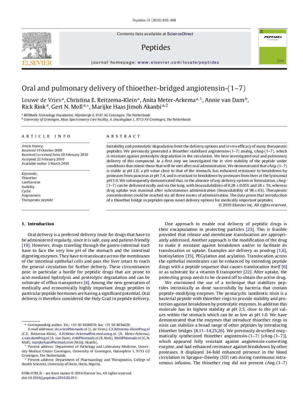 Oral and pulmonary delivery of thioether-bridged angiotensin-(1–7)