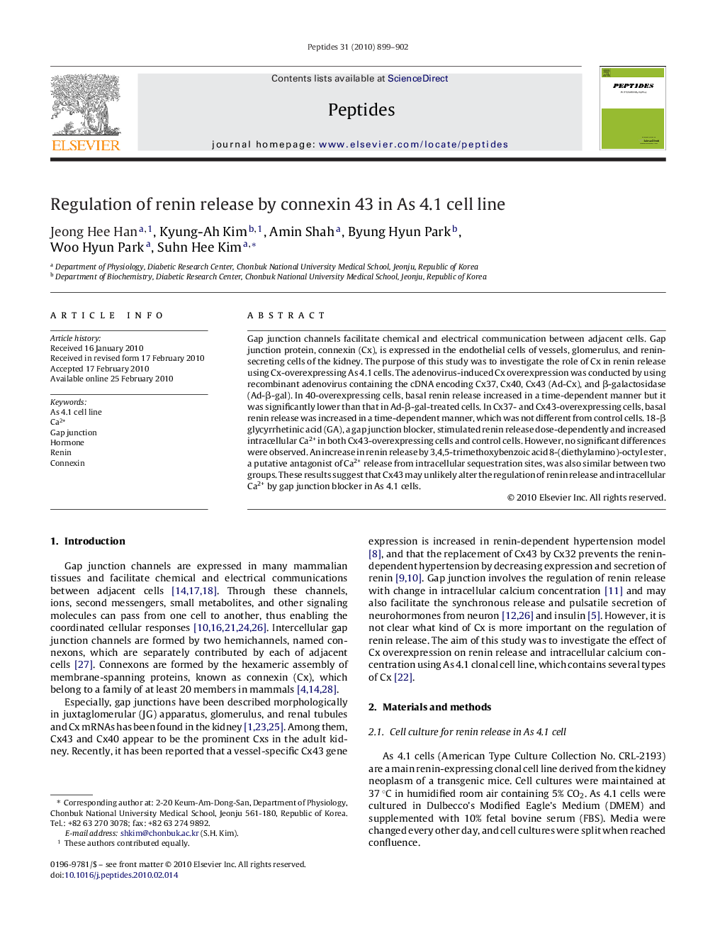 Regulation of renin release by connexin 43 in As 4.1 cell line