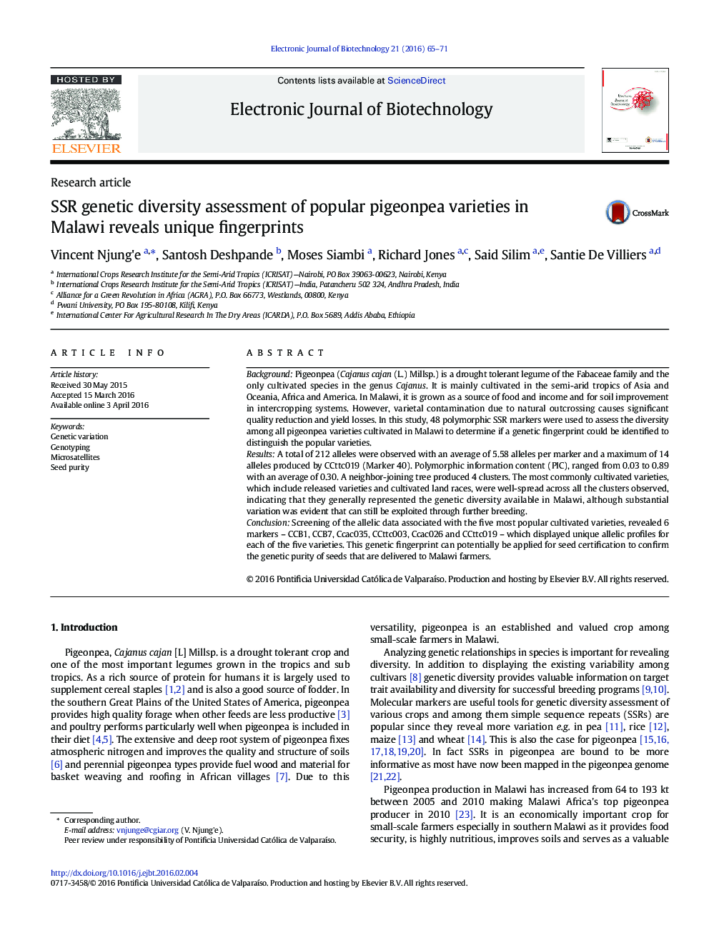 SSR genetic diversity assessment of popular pigeonpea varieties in Malawi reveals unique fingerprints 